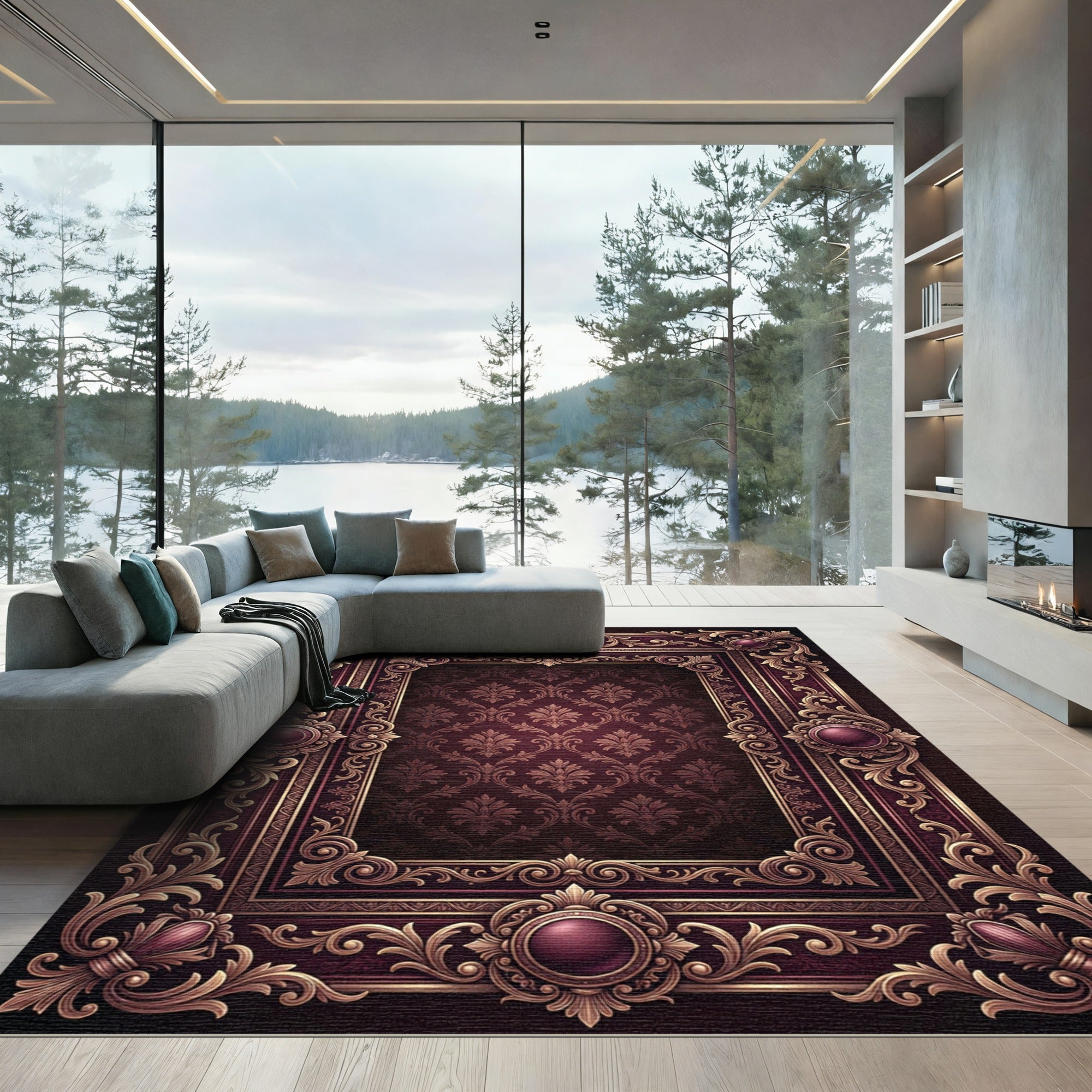 Ornate Burgundy Damask Royal Frame Rug