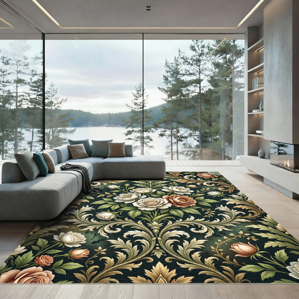 Victorian Rose Damask Floral Scroll Rug