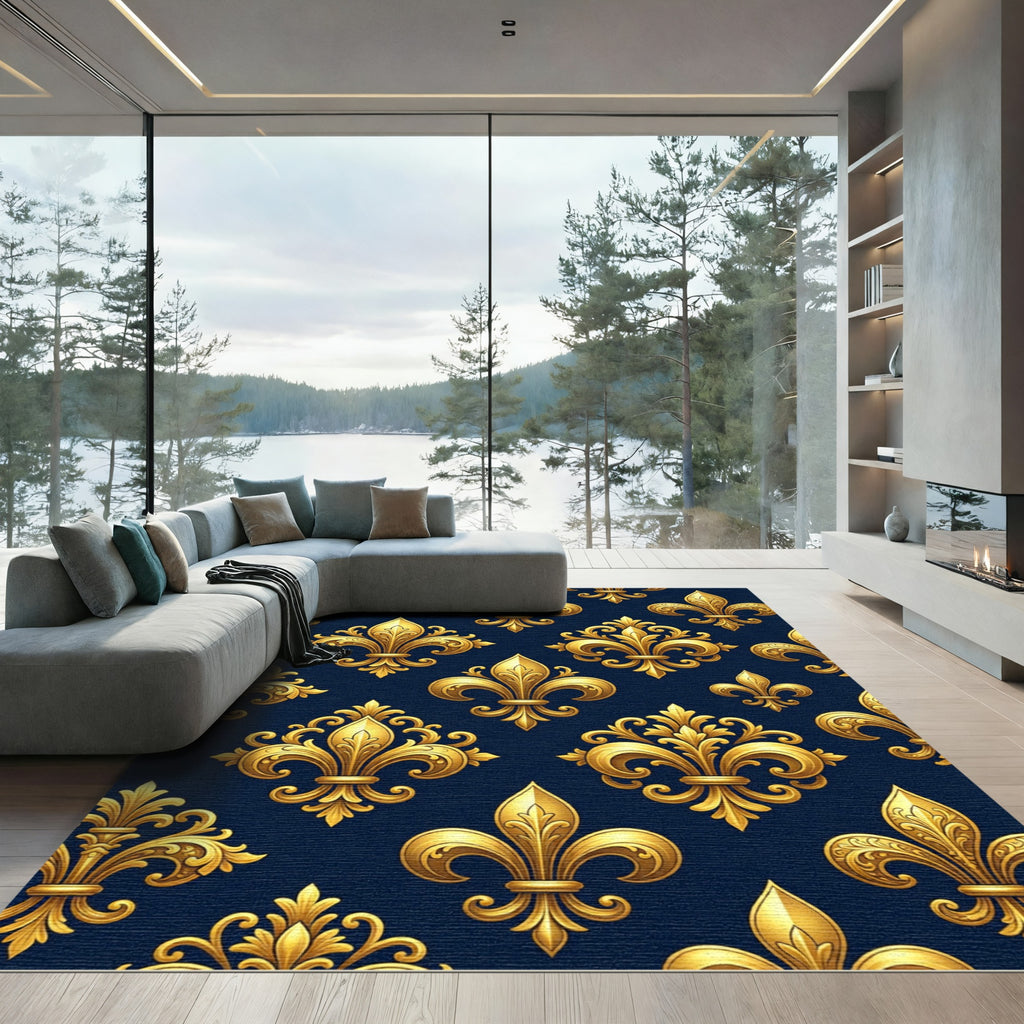 Golden Fleur de Lis Navy Wallpaper Rug