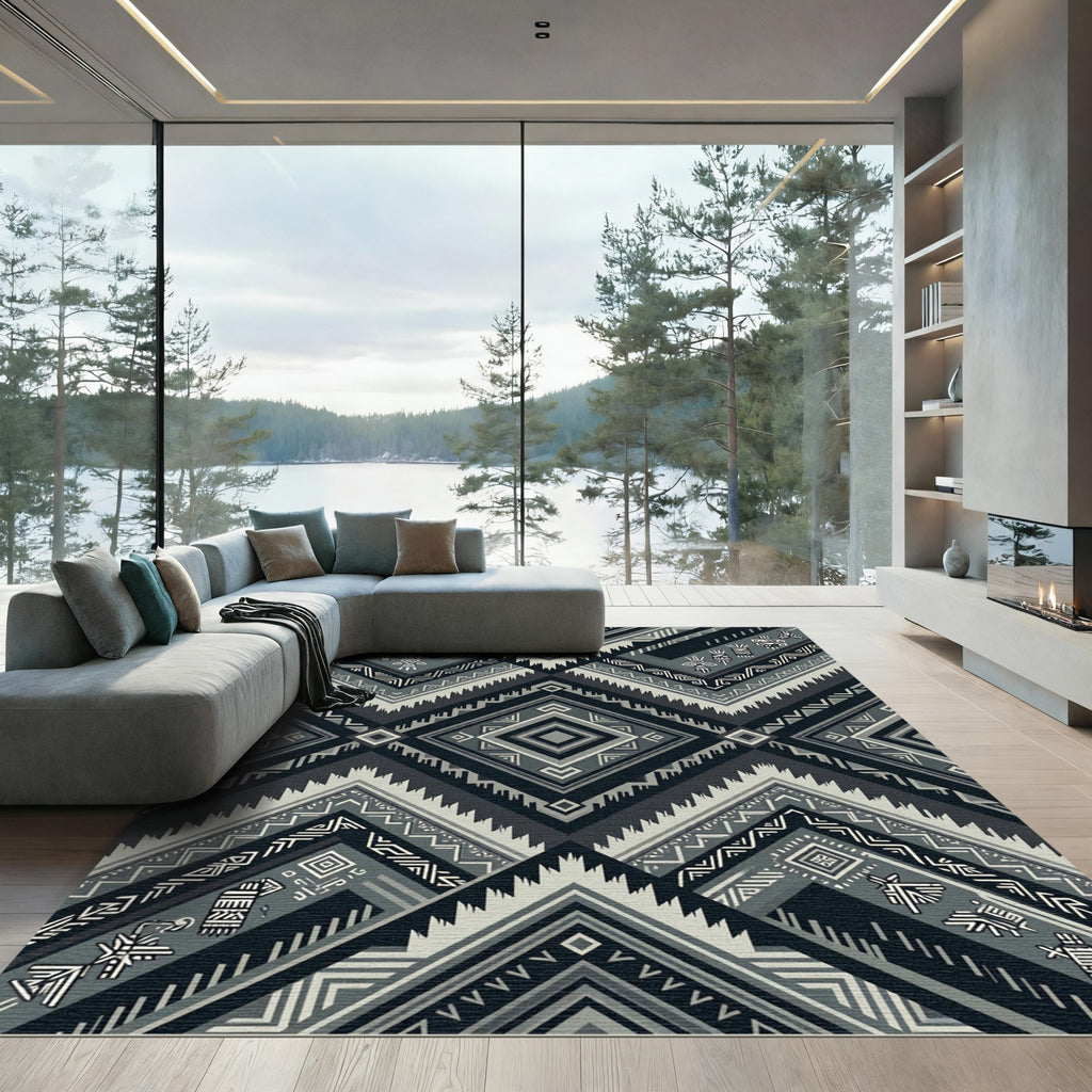 Monochromatic Charcoal Tribal Geometric Diamond Rug