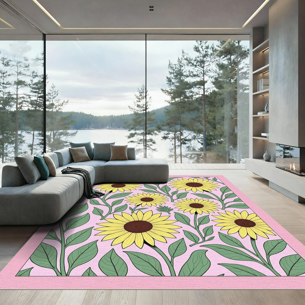 Yellow Sunflower Floral Pink Background Rug