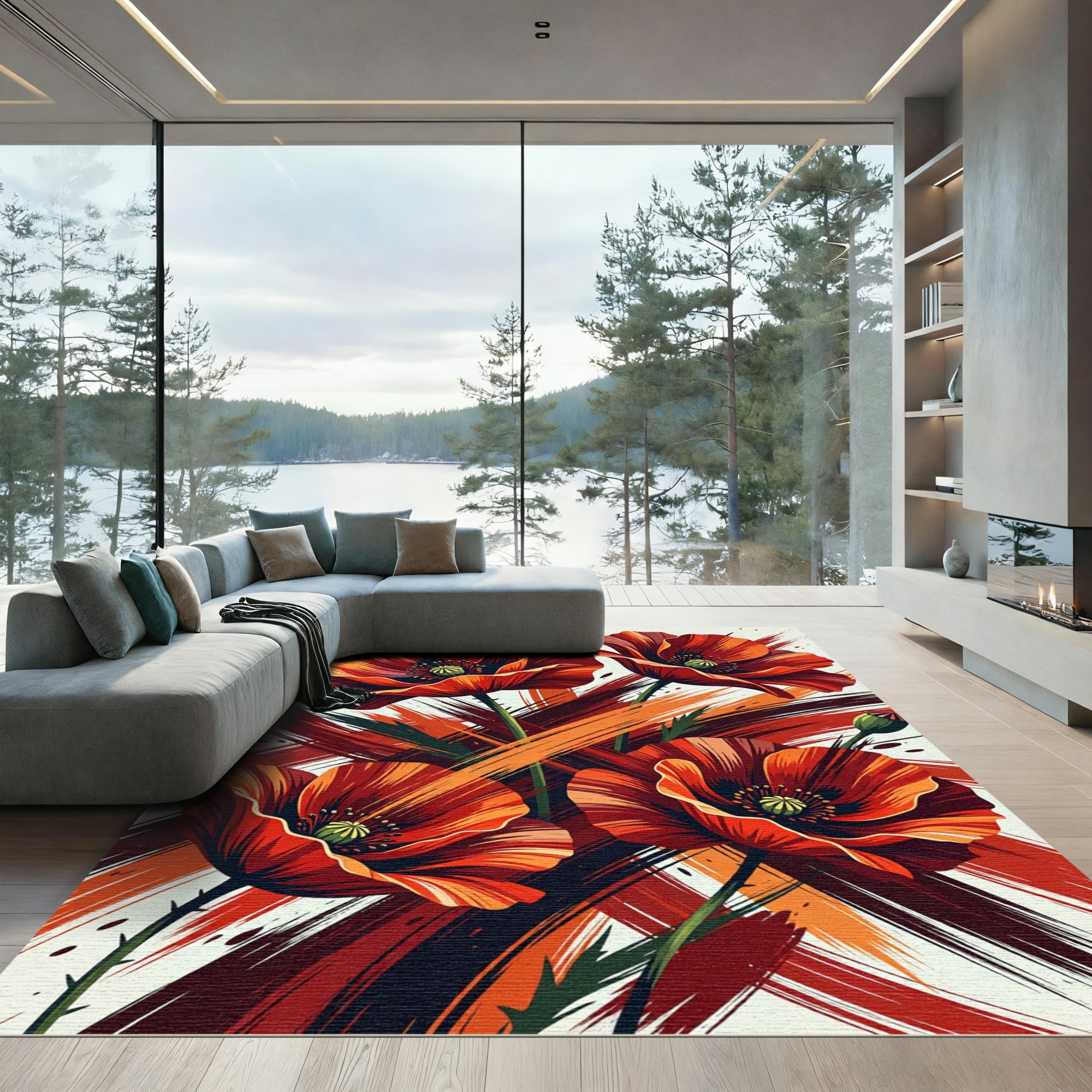 Vibrant Red Floral Abstract Brushstrokes Rug