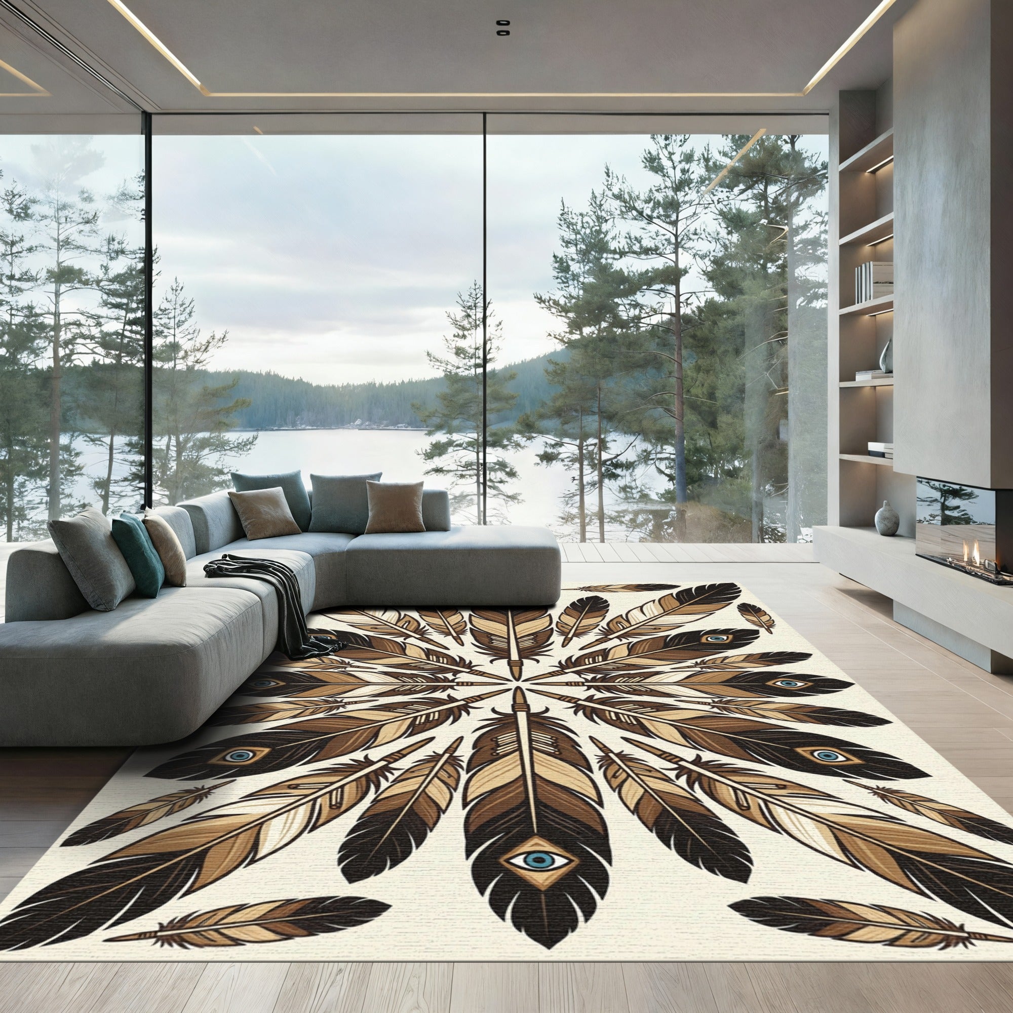 Earthy Brown Feather Eye Mandala Rug
