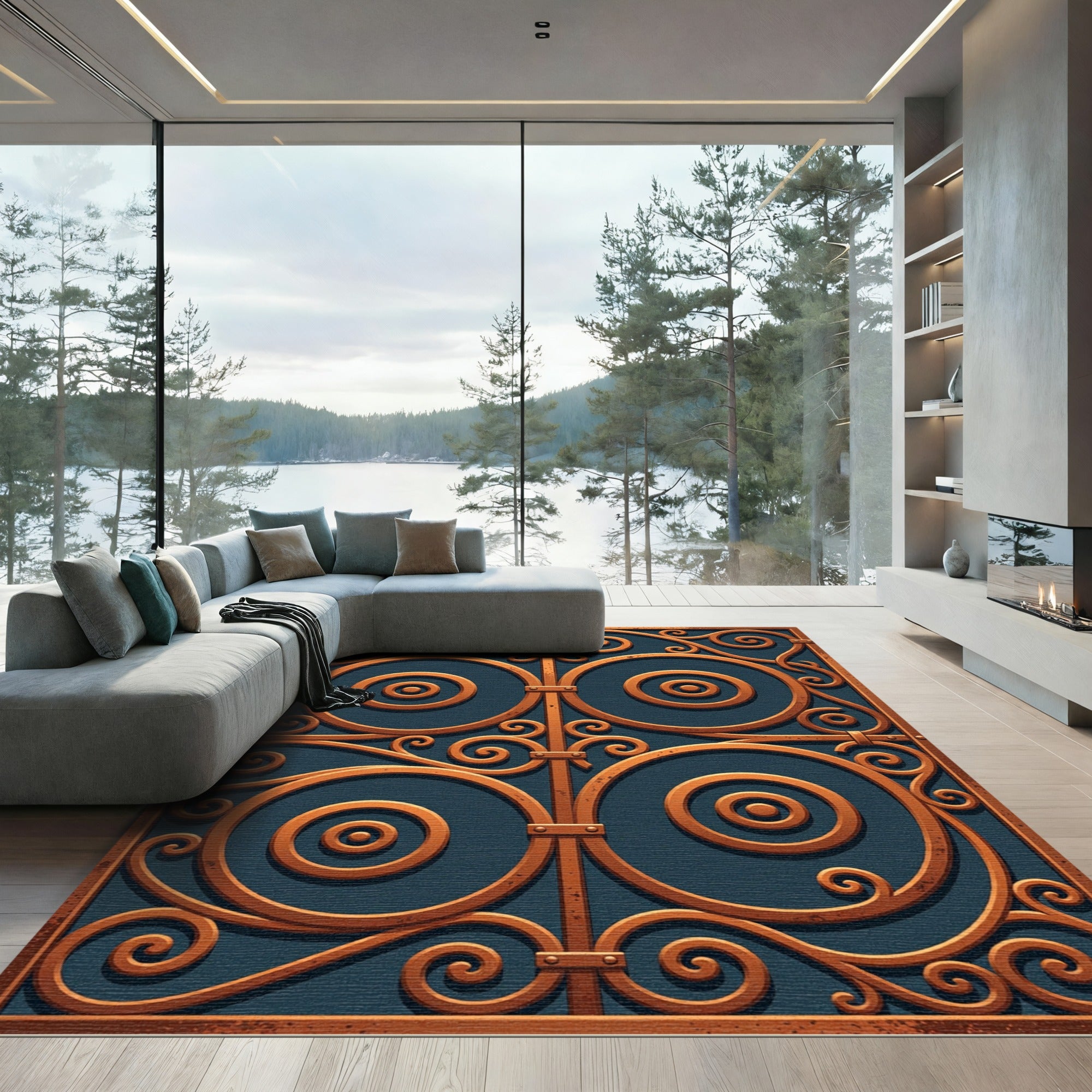 Bronze Ornate Scrollwork Cobalt Circles Rug