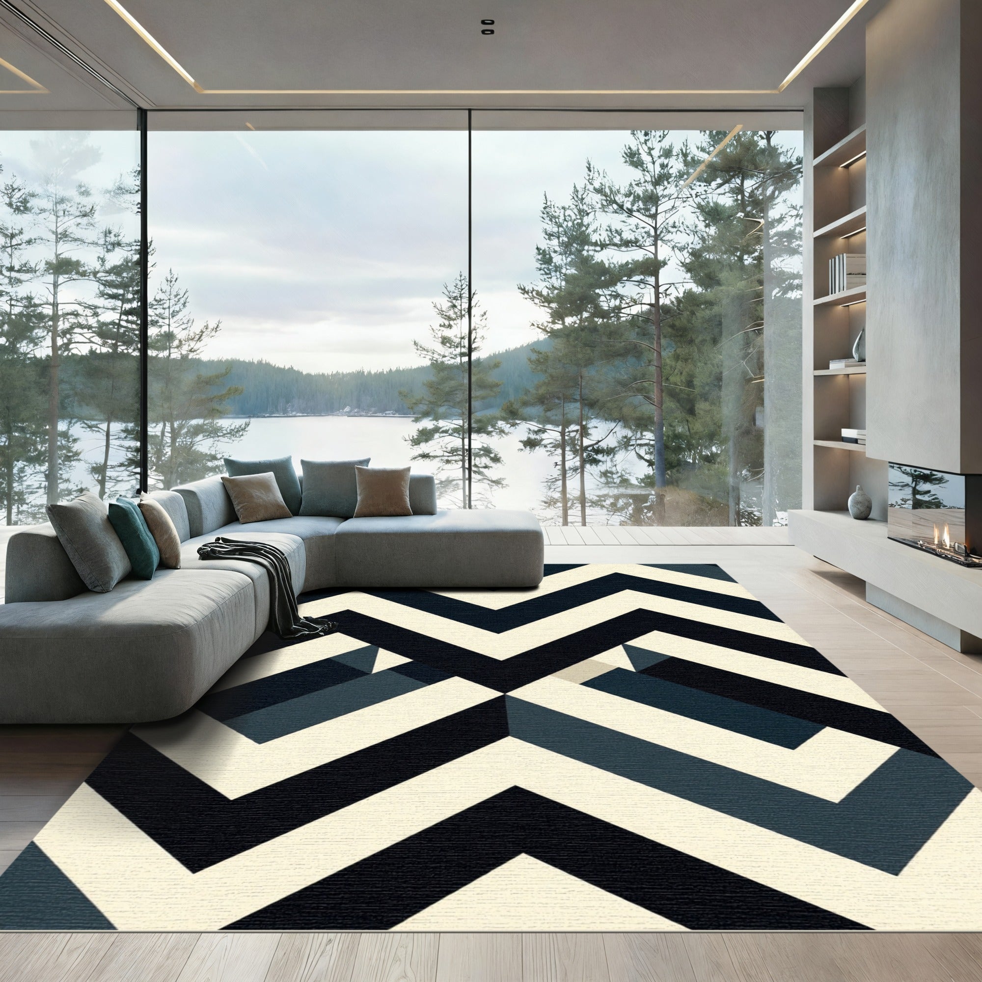 Monochromatic Black and Ivory Geometric Chevron Rug