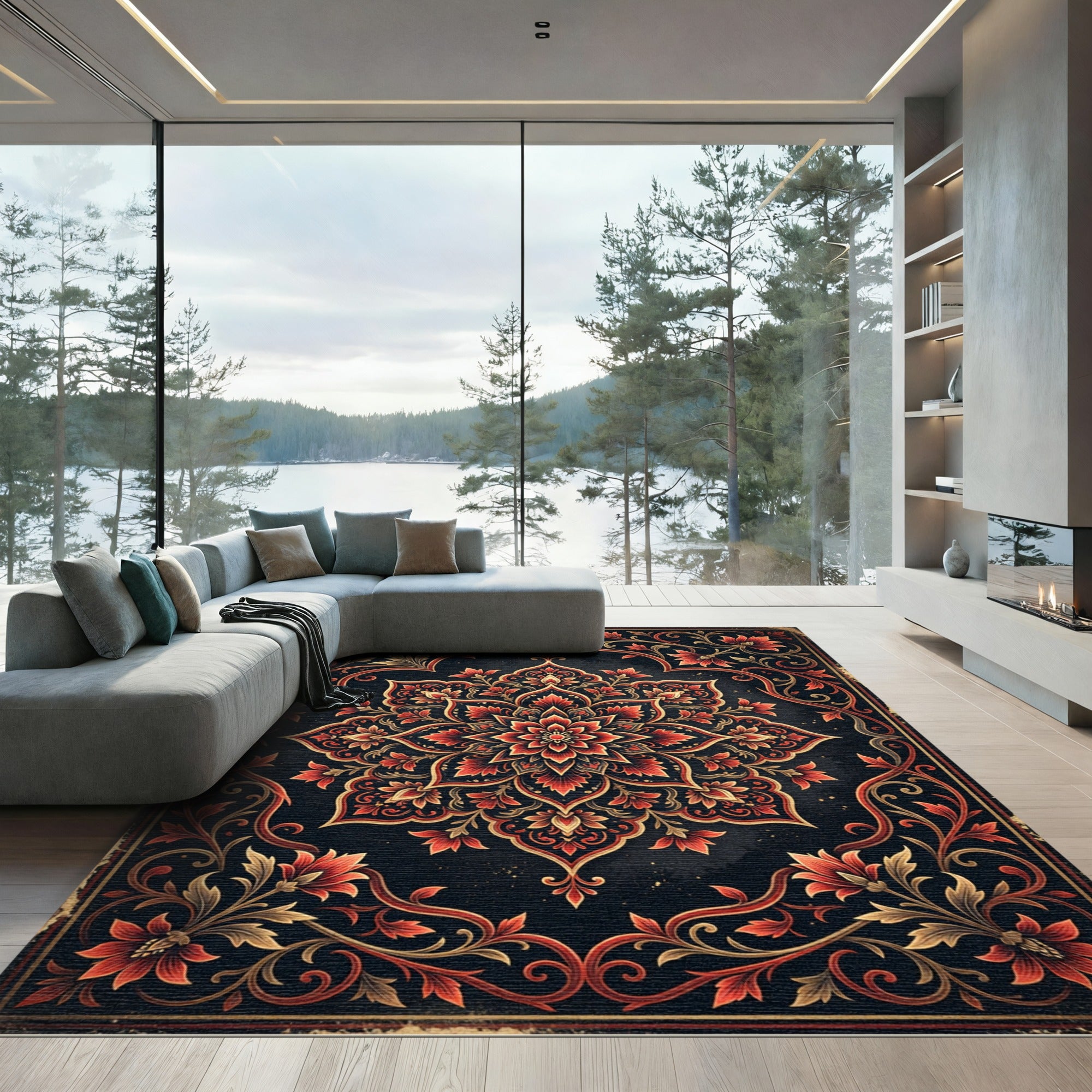 Ornate Crimson Floral Medallion Abstract Rug