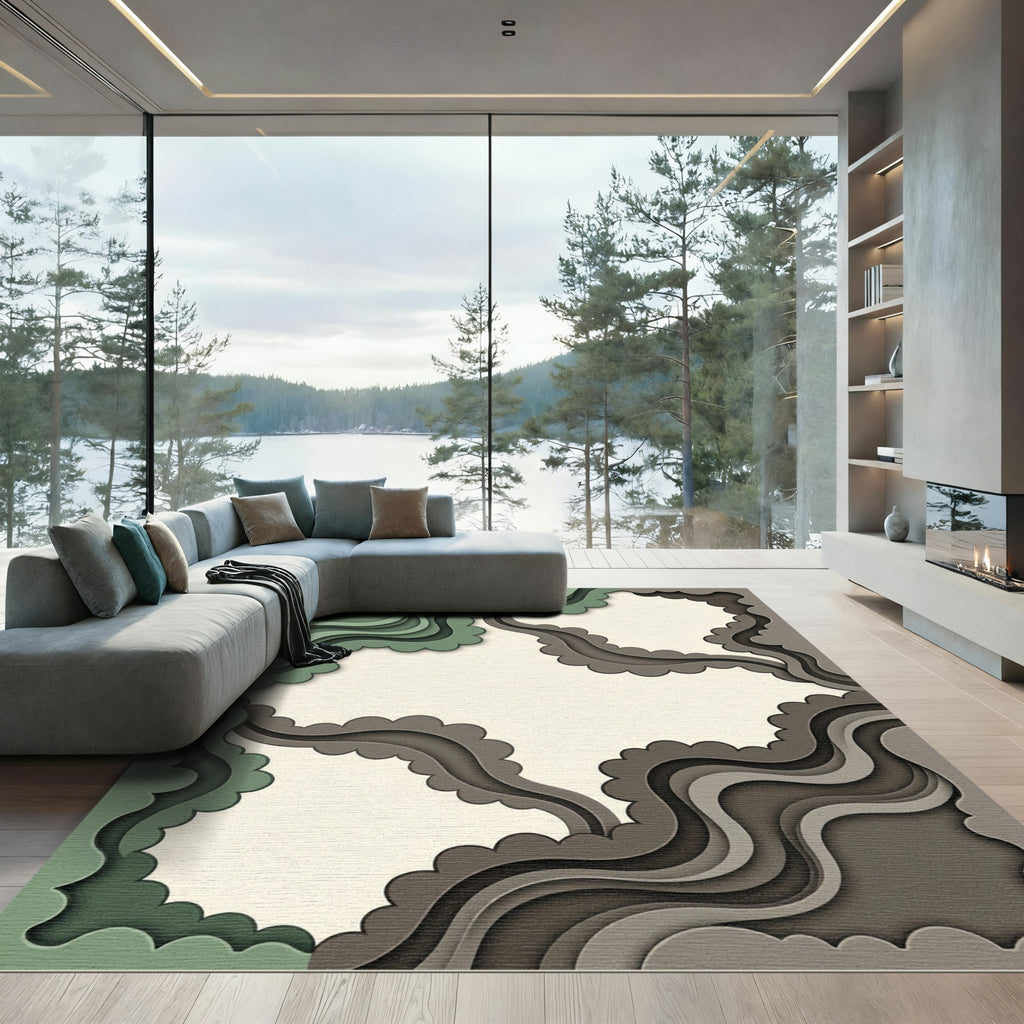 Organic Sage and Charcoal Layered Waves Rug