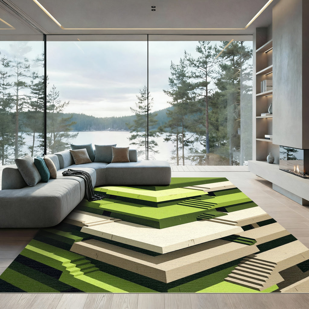 Isometric Sage Green Geometric Staircase Arch Rug