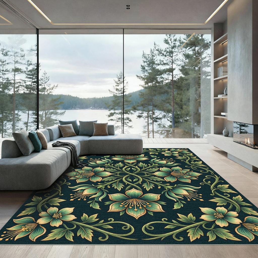 Emerald Botanical Floral Symmetry Art Rug