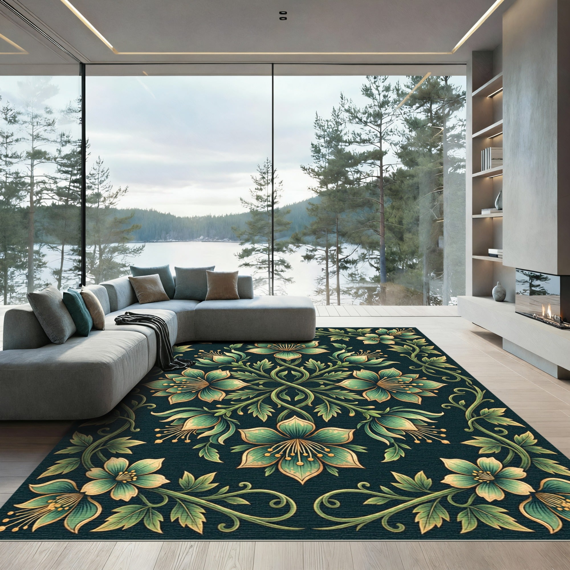 Emerald Botanical Floral Symmetry Art Rug