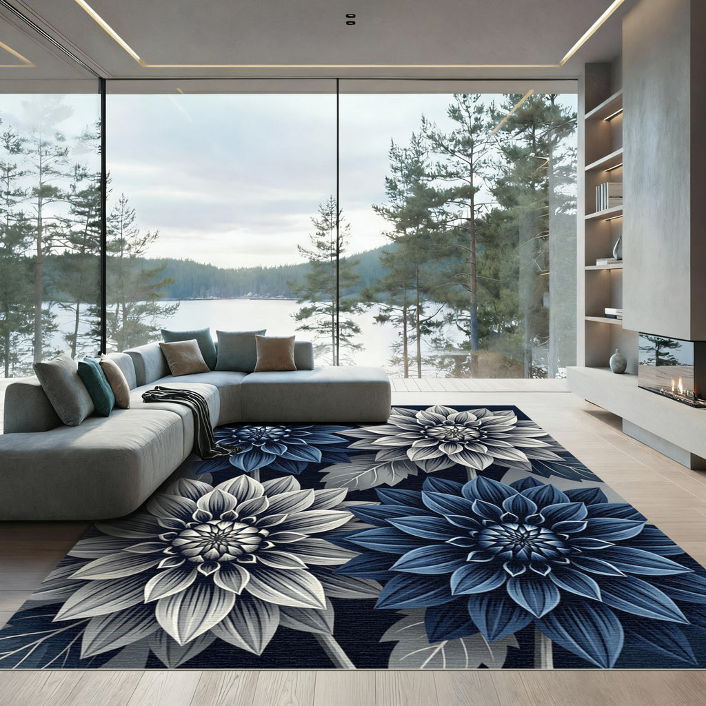 Sophisticated Navy and Silver Floral Bloom Rug