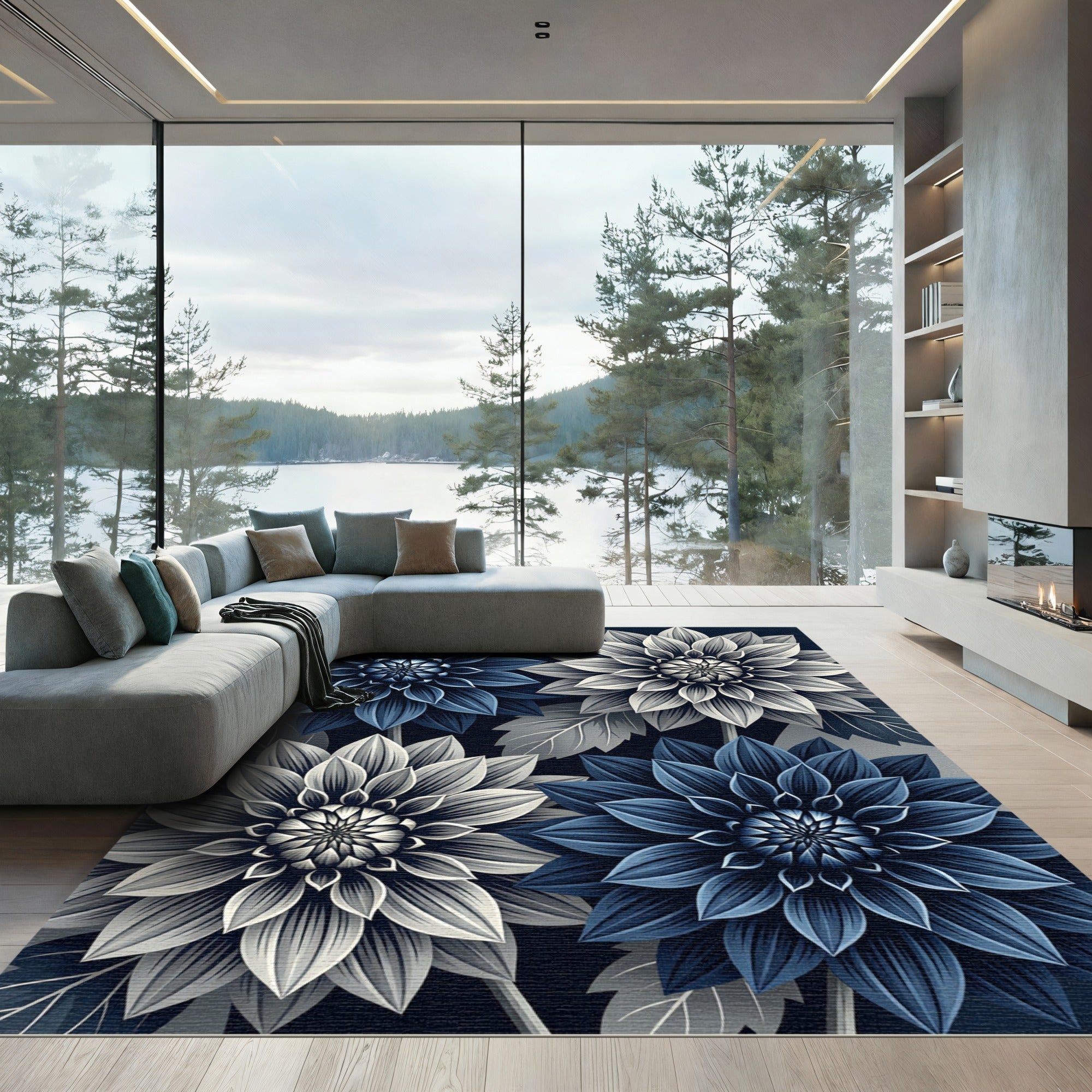 Sophisticated Navy and Silver Floral Bloom Rug