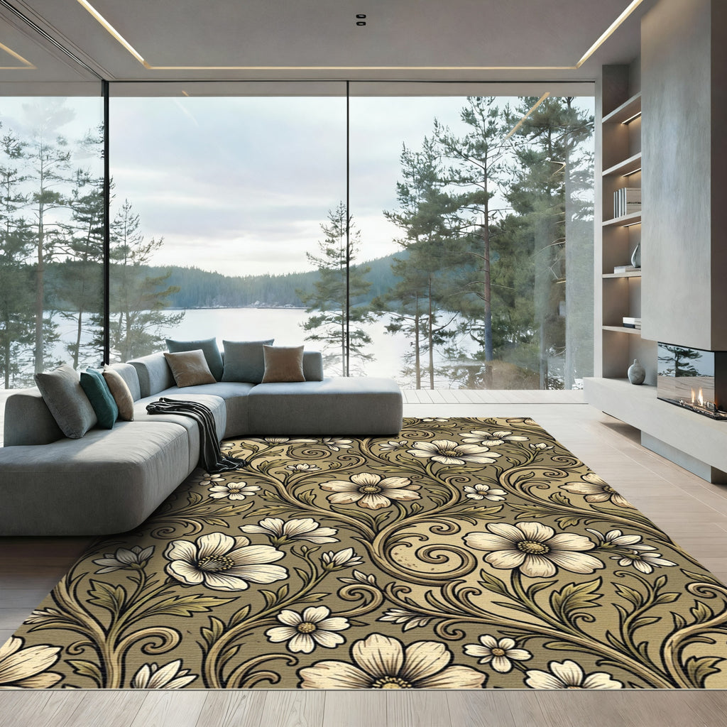 Elegant Botanical Scroll Floral Gold Rug