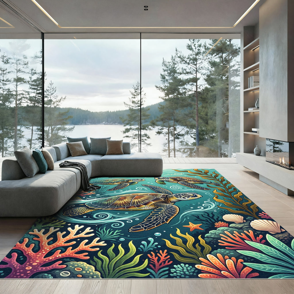 Vibrant Sea Turtle Aquatic Reef Coral Rug