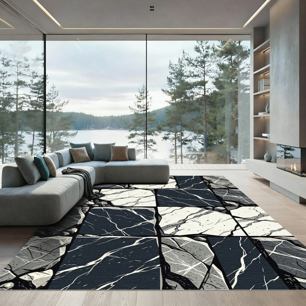 Monochrome Geometric Cracked Stone Mosaic Rug
