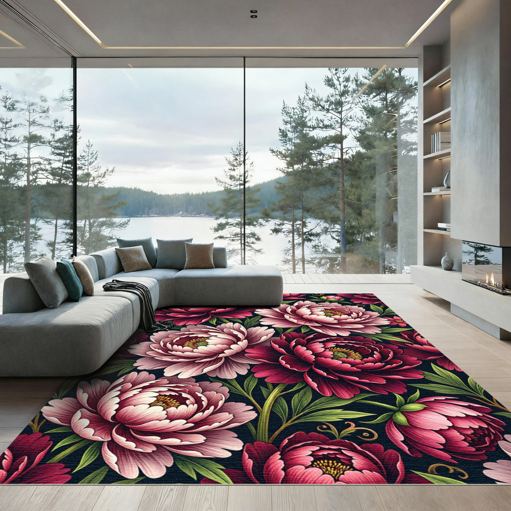 Elegant Dark Peony Floral Composition Rug