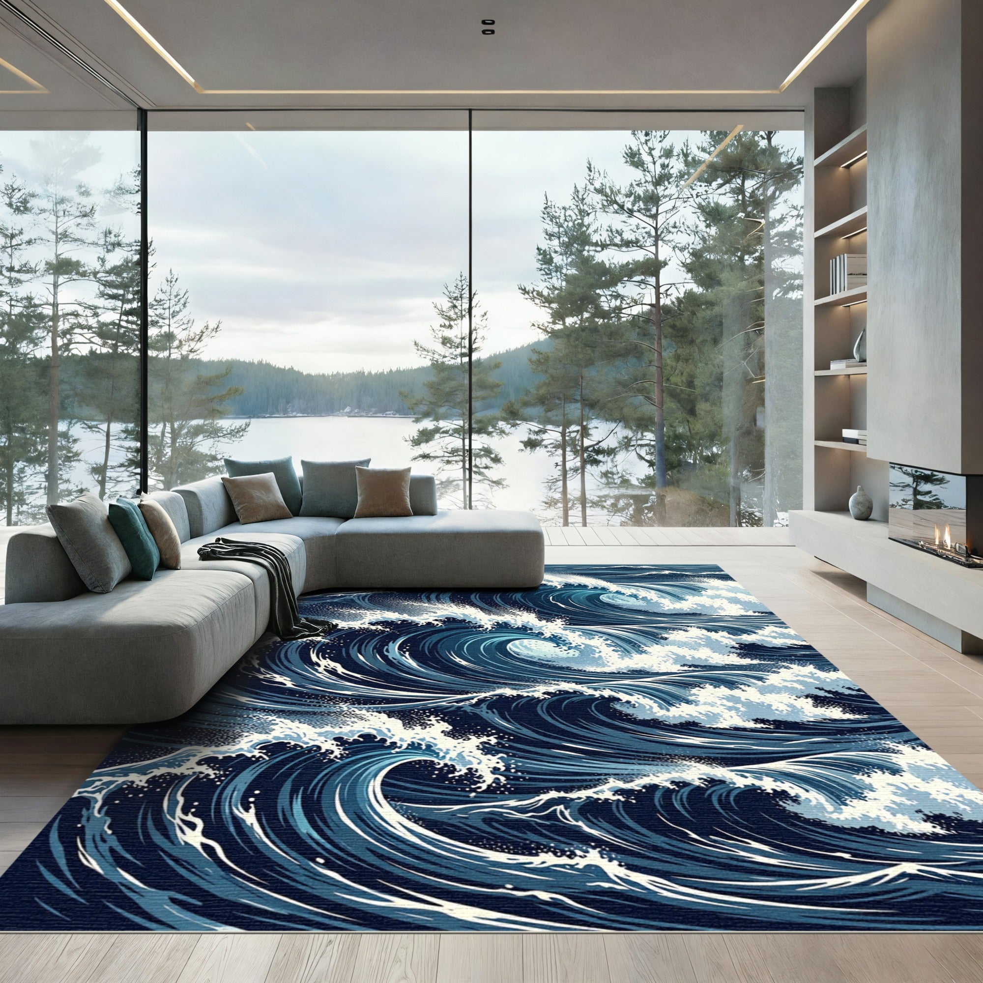 Dramatic Oceanic Deep Blue Wave Rug