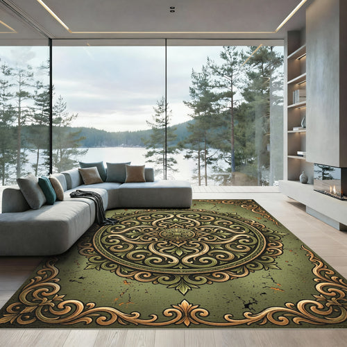 Antique Olive Ornate Filigree Medallion Rug