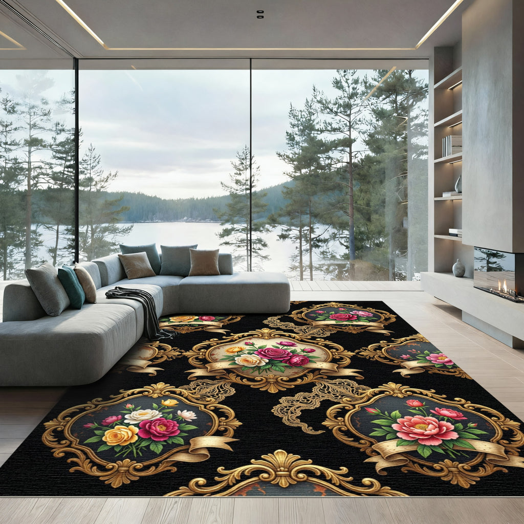 Victorian Golden Frame Floral Rose Bouquet Rug