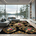 Victorian Golden Frame Floral Rose Bouquet Rug