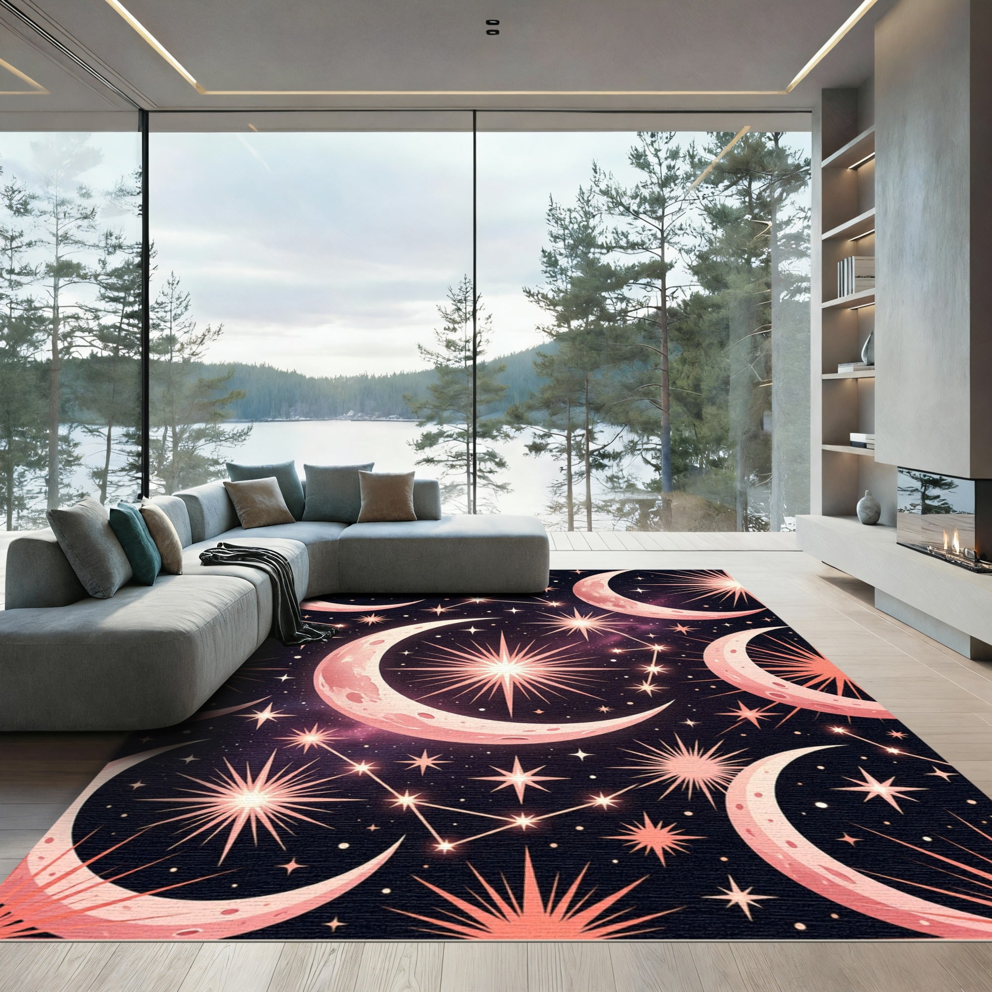 Cosmic Pink Moon Stars Night Sky Rug