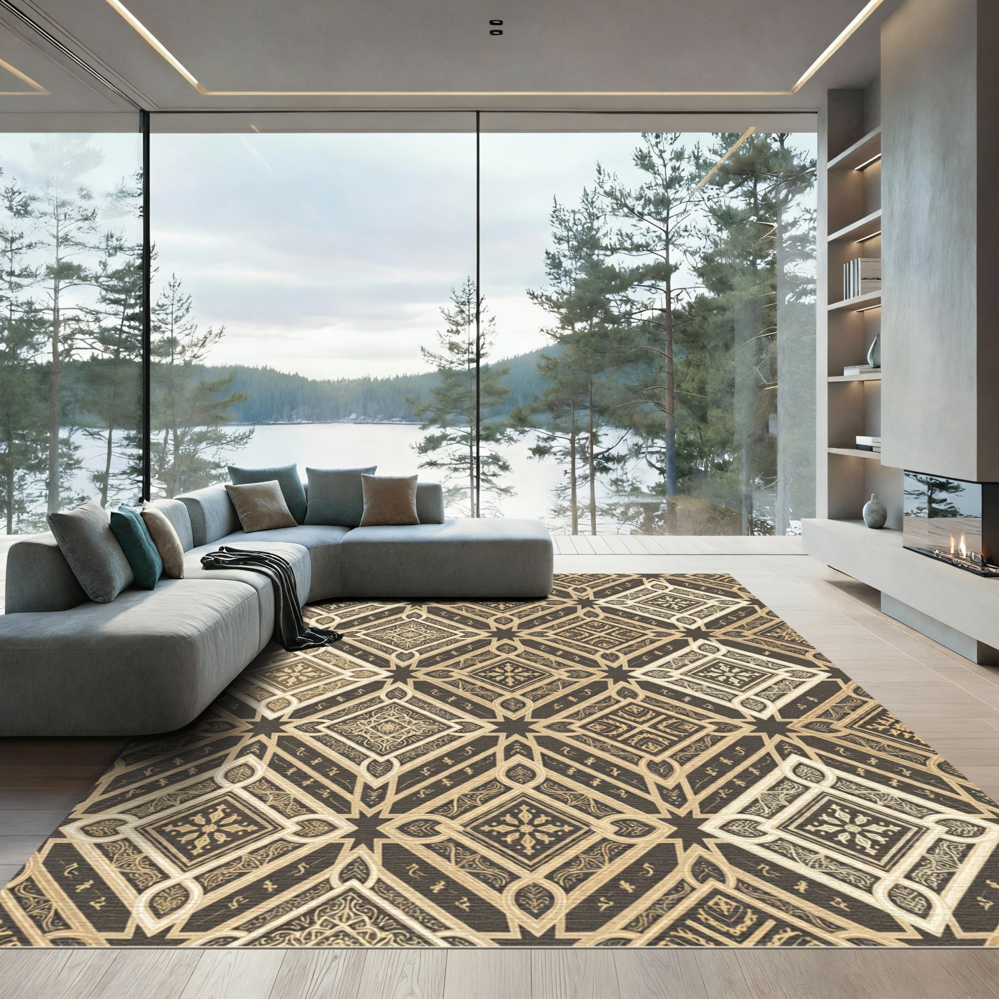 Gold Geometric Lattice Mosaic Rug
