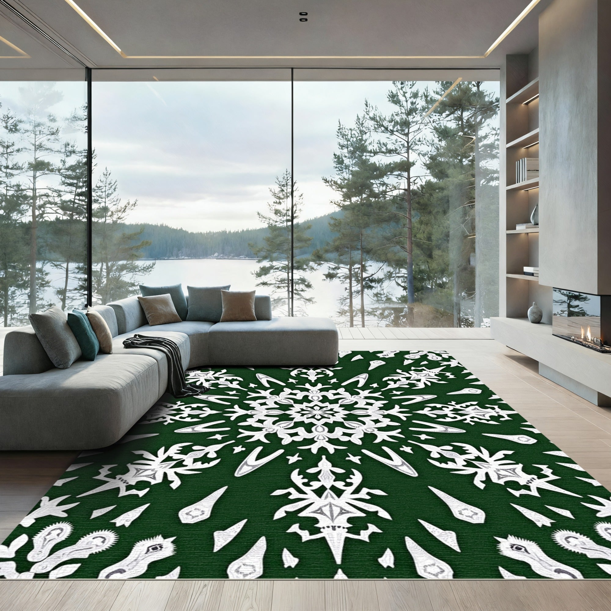 Green White Snowflake Mandala Rug