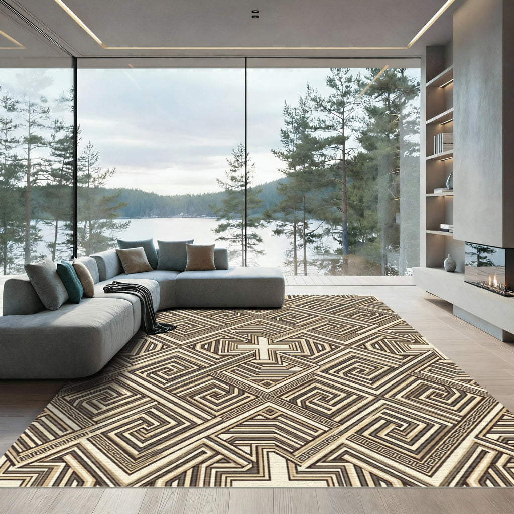 Geometric Neutral Maze Greek Key Rug