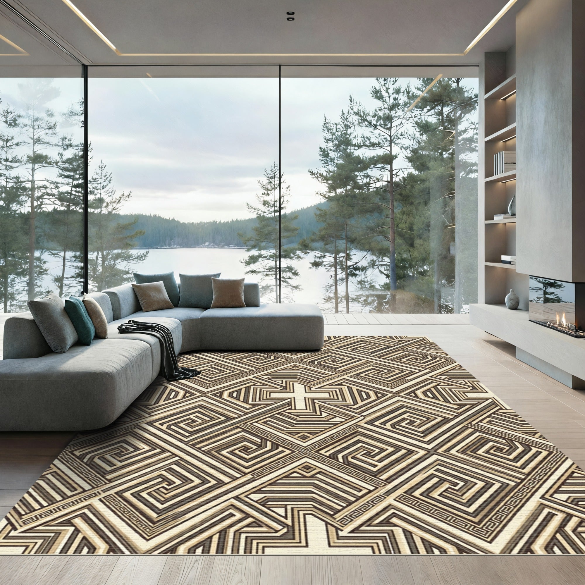 Geometric Neutral Maze Greek Key Rug