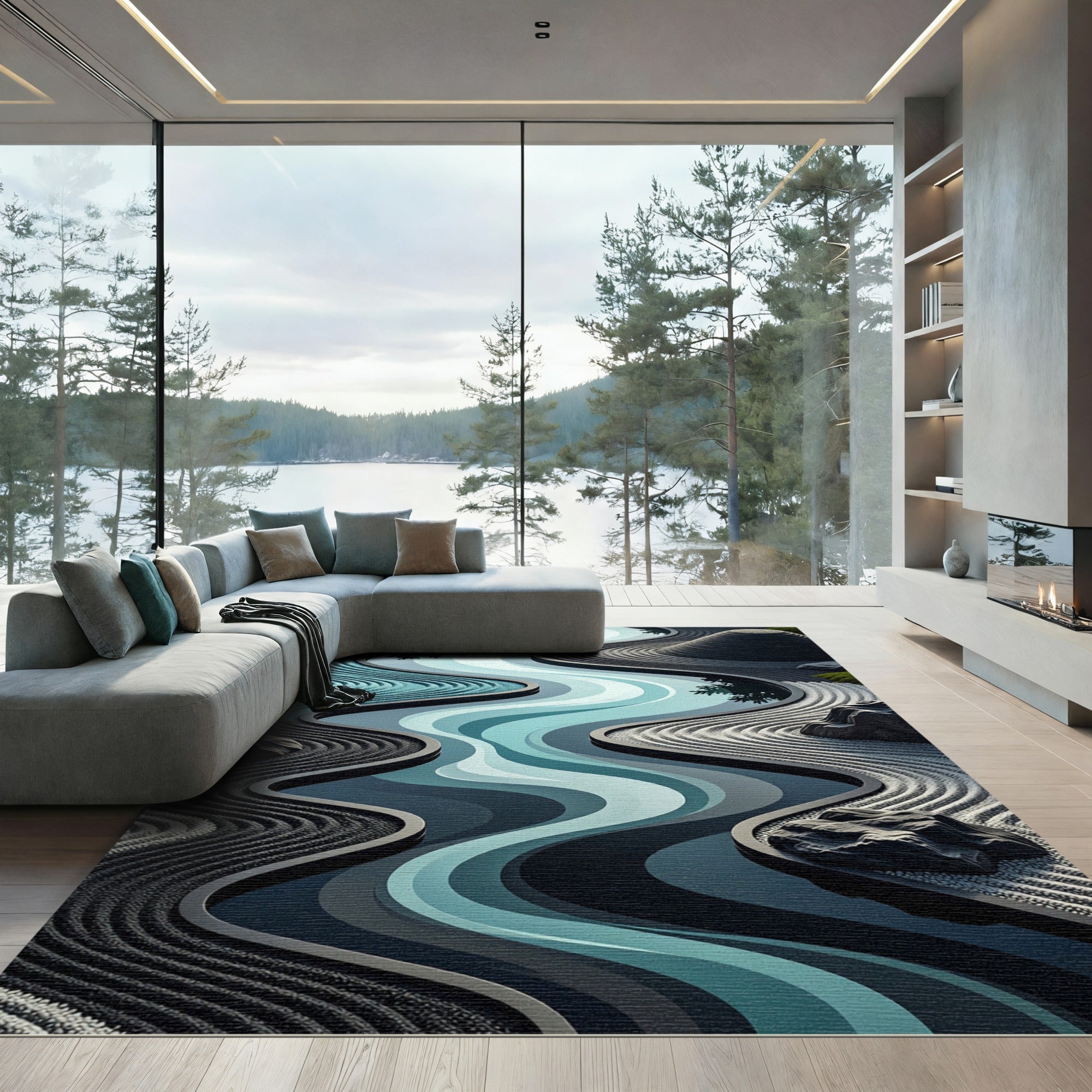 Serene Aqua Winding River Landscape Rug
