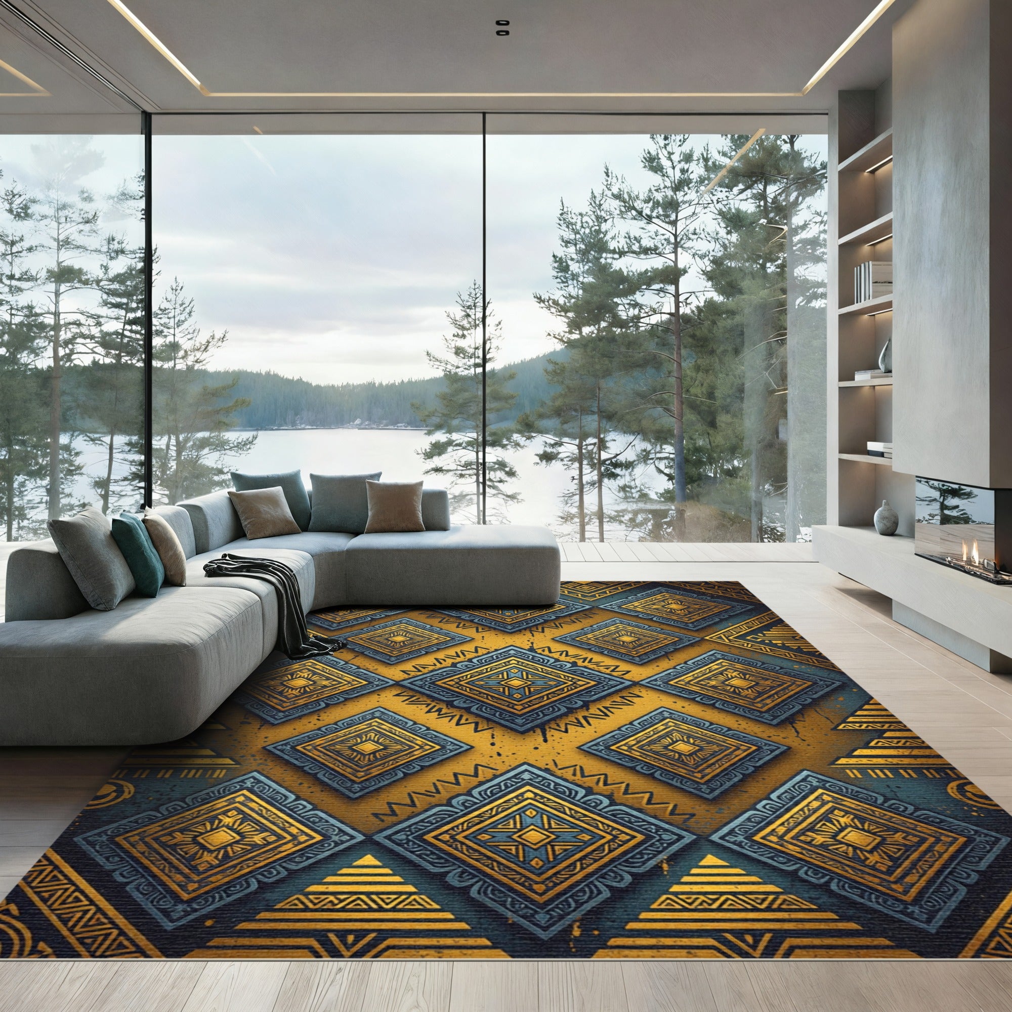 Golden Blue Tribal Diamond Medallions Rug
