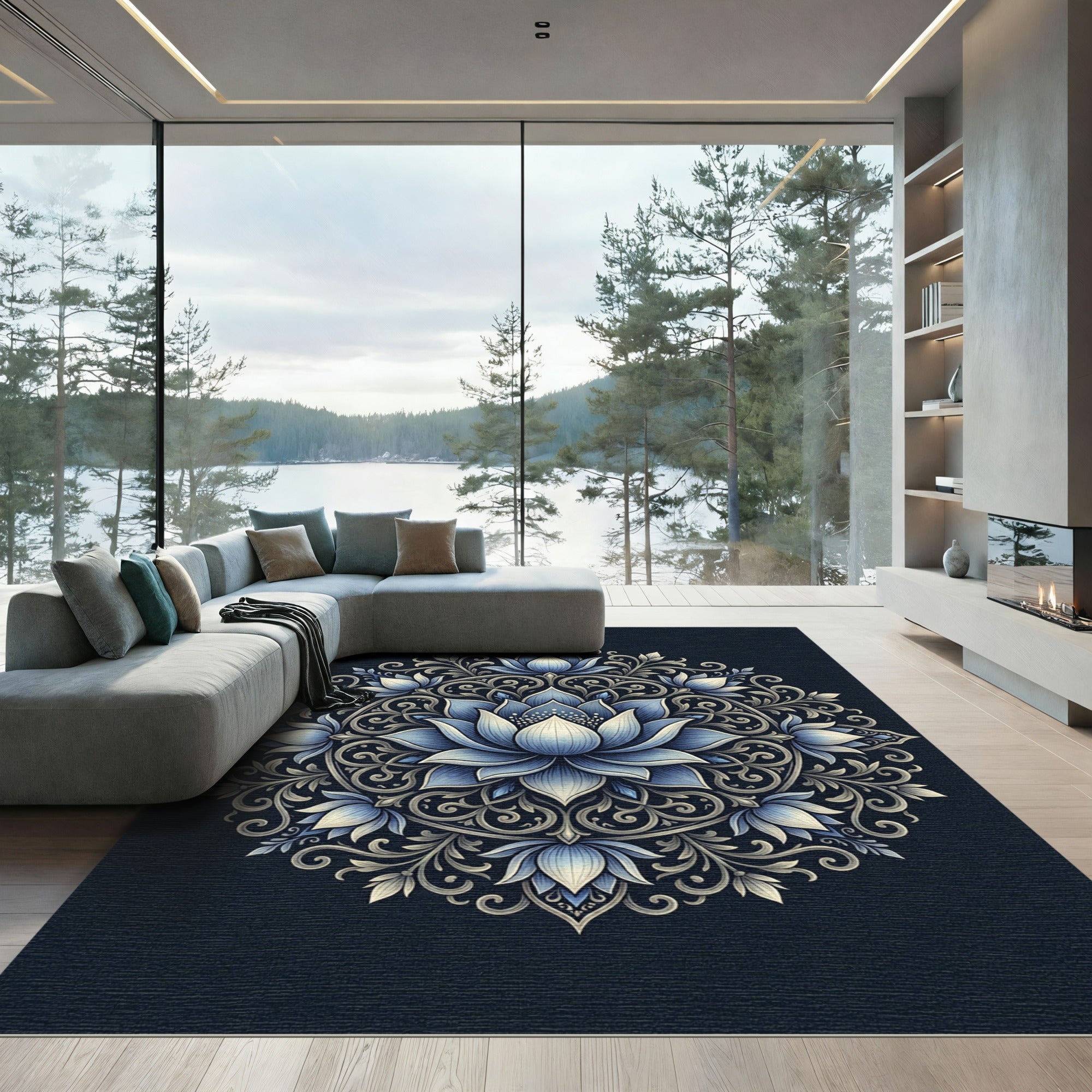 Elegant Blue Lotus Medallion Floral Rug