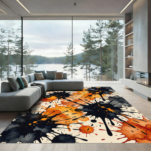 Abstract Ink Splash Orange Black Rug