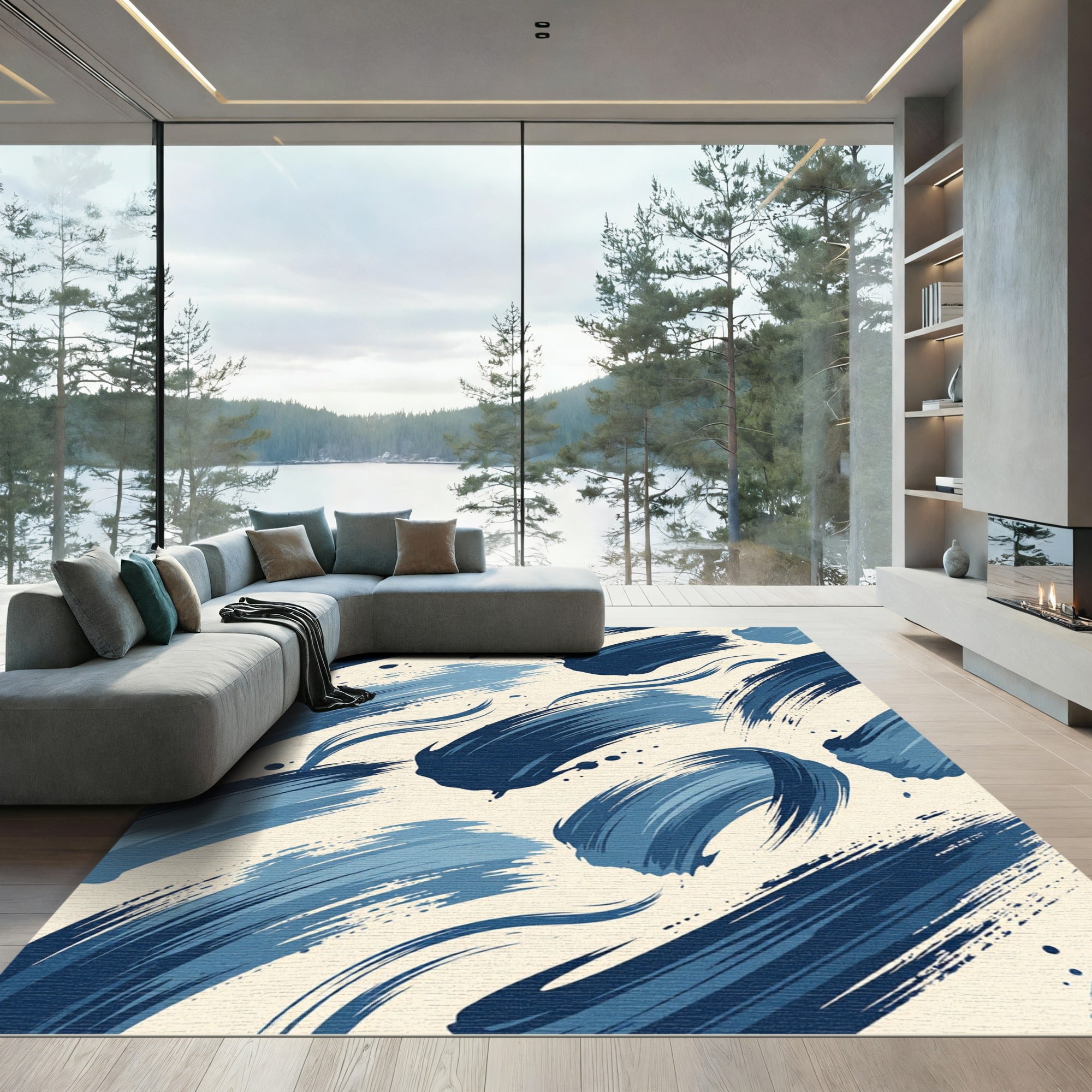 Modern Indigo Blue Abstract Brushstroke Rug