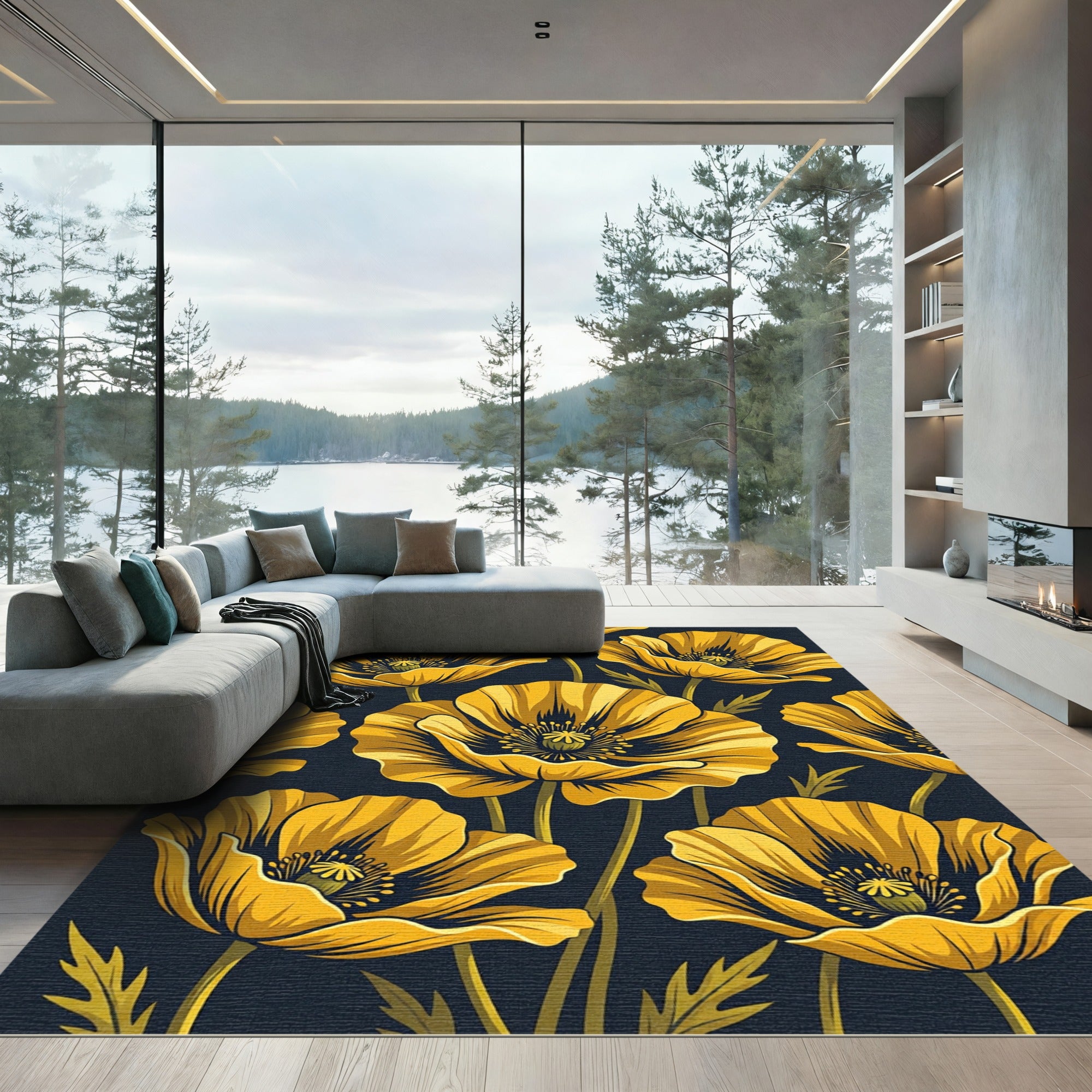 Golden Poppy Floral Dark Botanical Rug