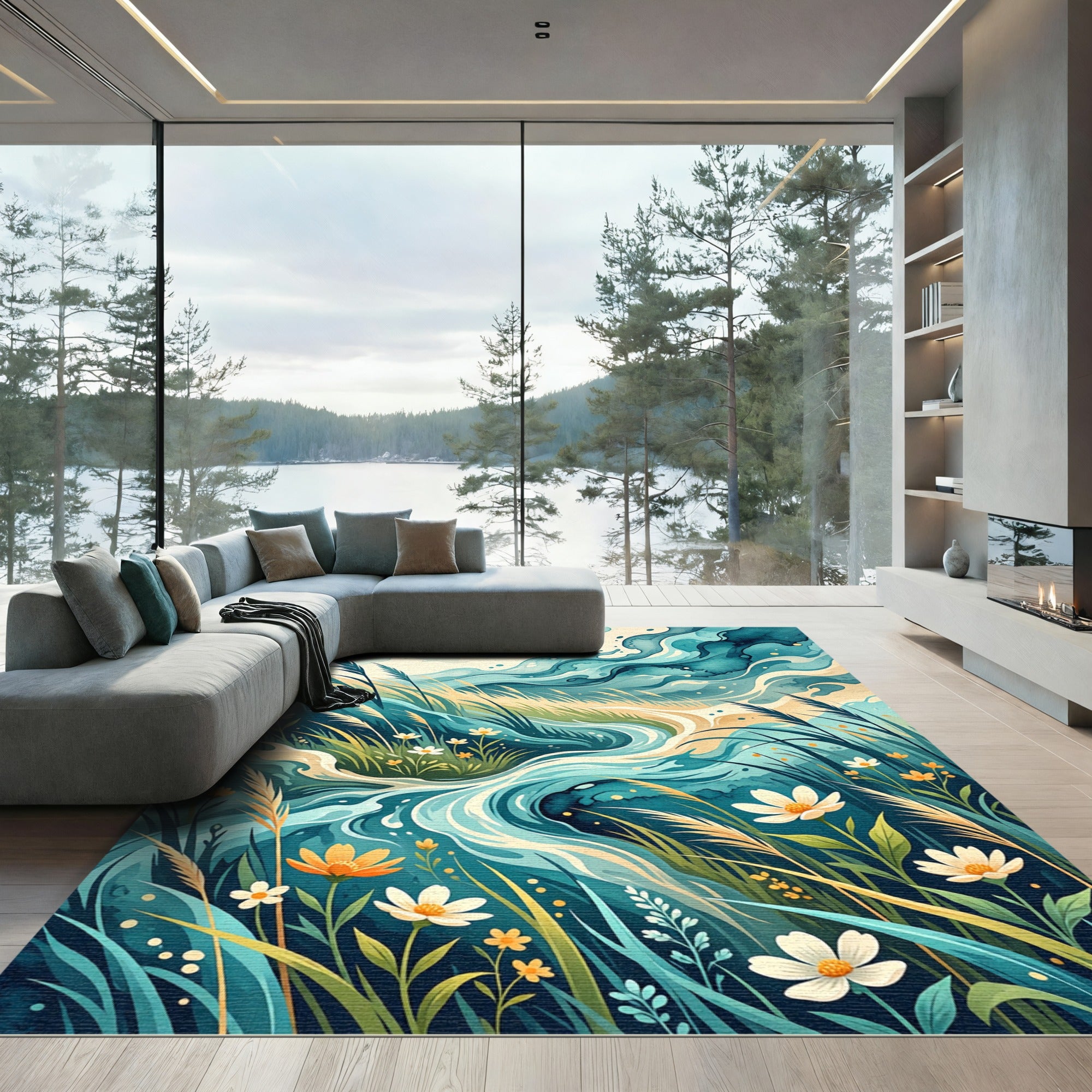 Turquoise Flowing Stream With Reeds Rug