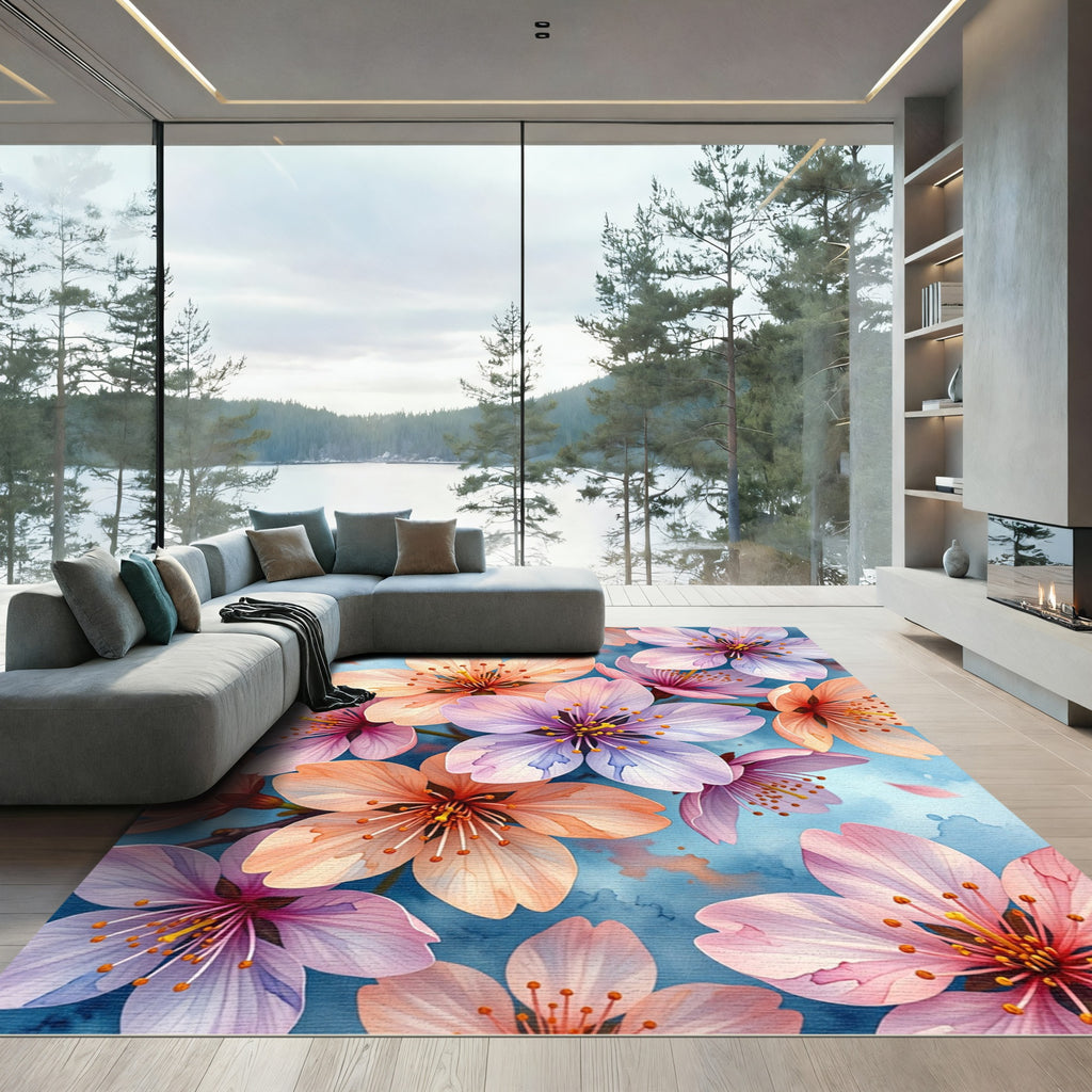 Soft Pastel Cherry Blossom Watercolor Floral Rug