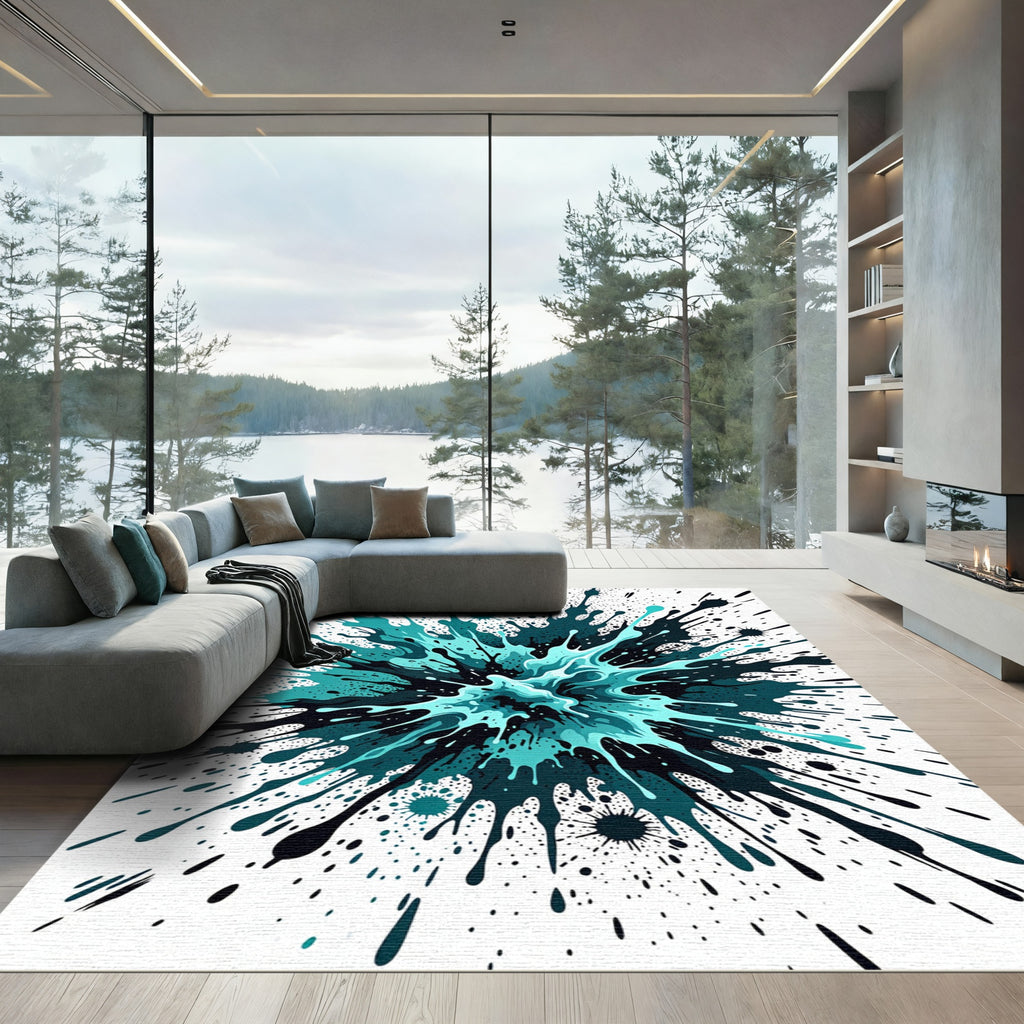 Teal and Black Abstract Liquid Splash Rug