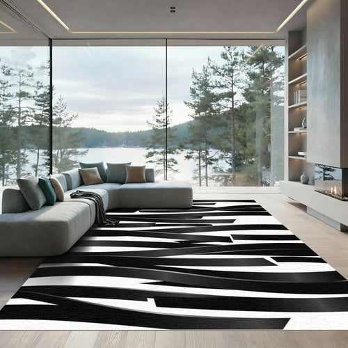 Black Wavy Ribbon Abstract Rug