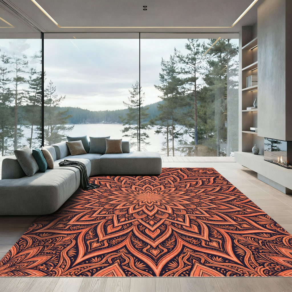 Orange Mandala Intricate Floral Bloom Rug