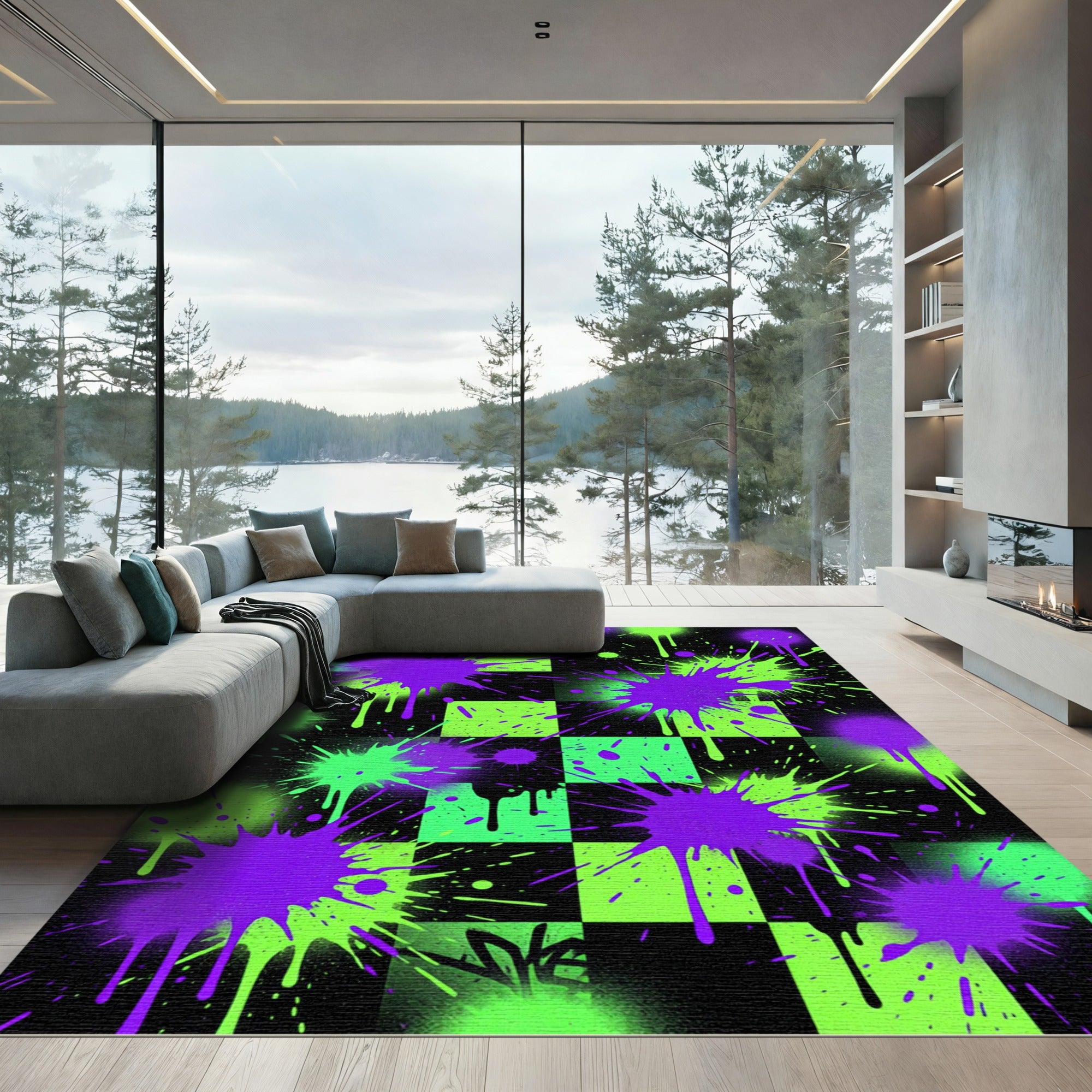 Neon Purple Green Splatter Checkered Rug