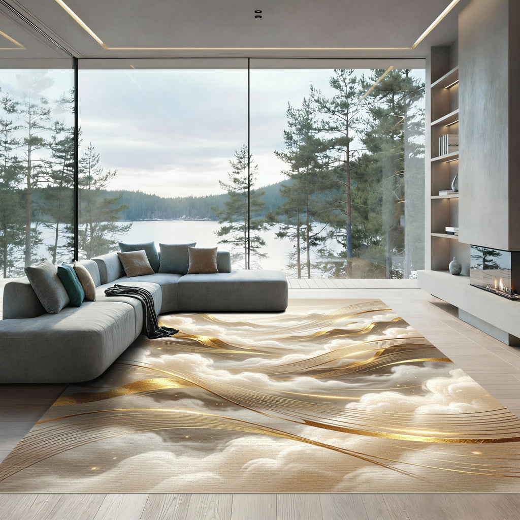 Elegant Gold Cloud Mountain Landscape Rug
