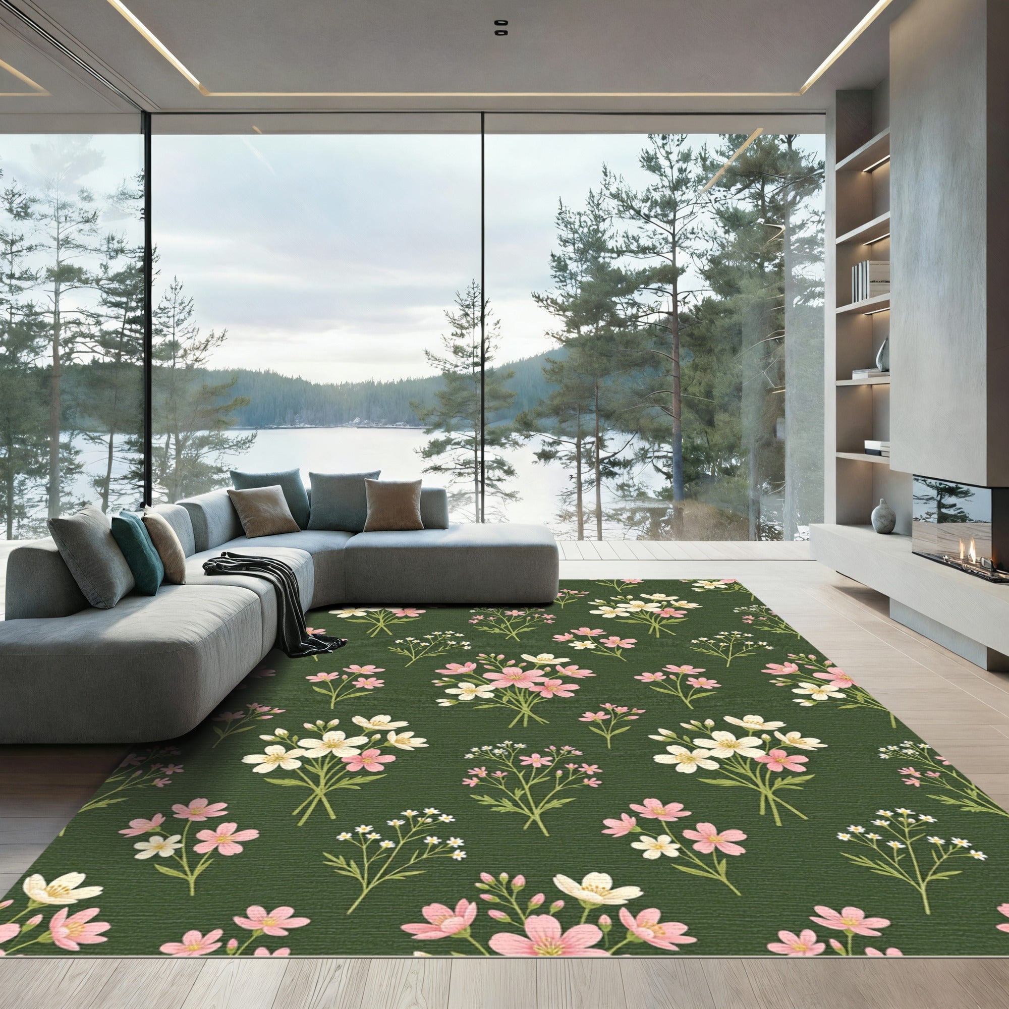 Delicate Pink Meadow Flower Olive Background Rug