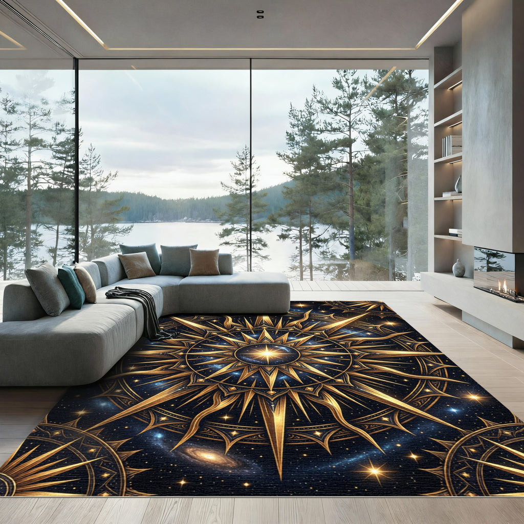 Celestial Golden Starburst Navy Mandala Rug