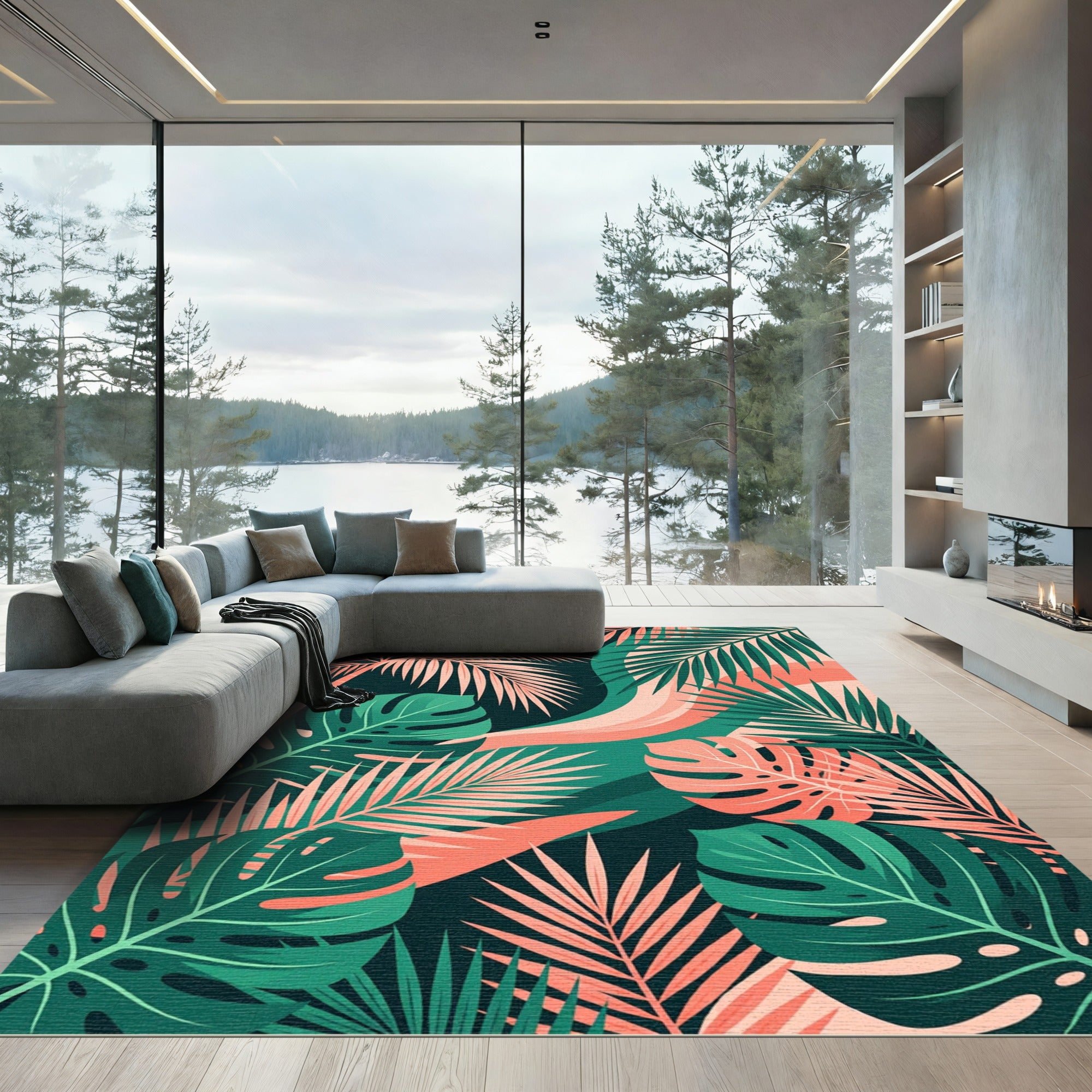 Lush Tropical Foliage Pink Palm Leaf Rug