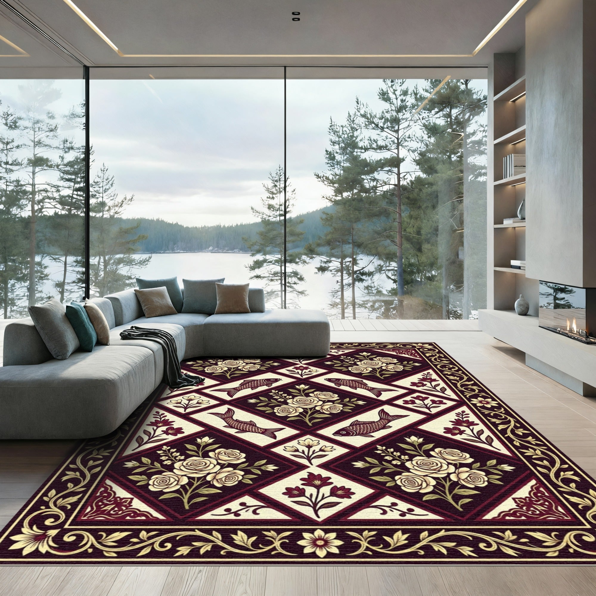 Crimson Cream Floral Fish Medallion Rug