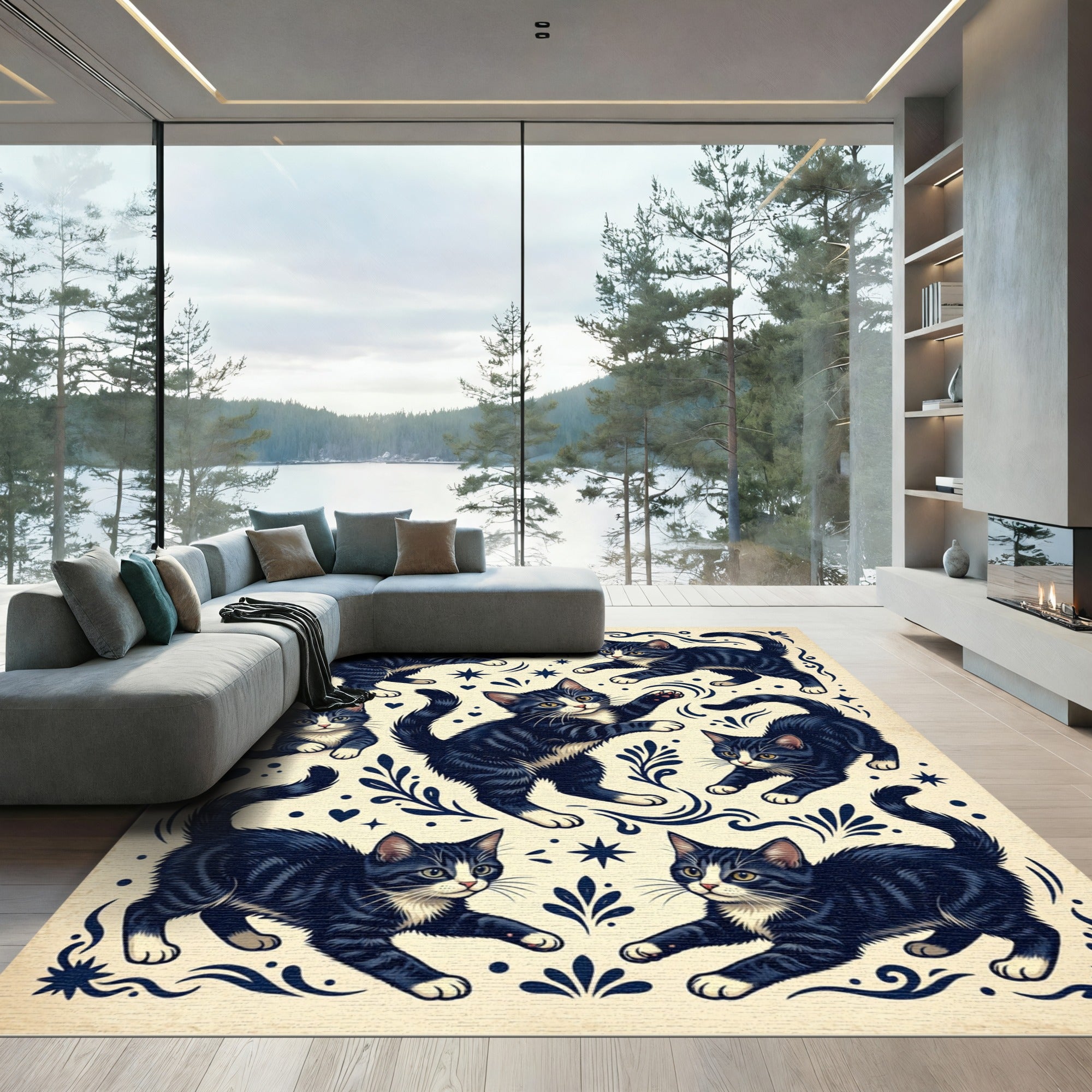Whimsical Black White Kitten Illustration Rug