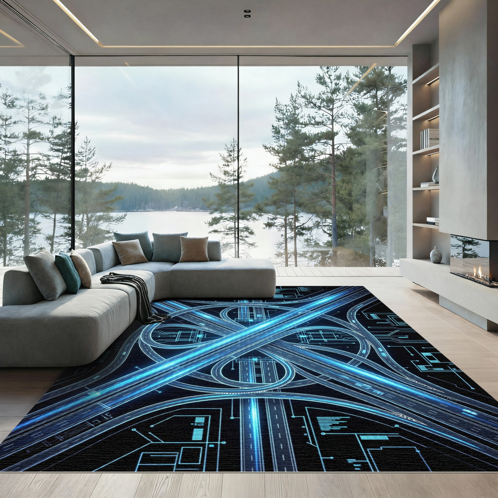 Cyber Neon Highway Interchange Schematic Rug