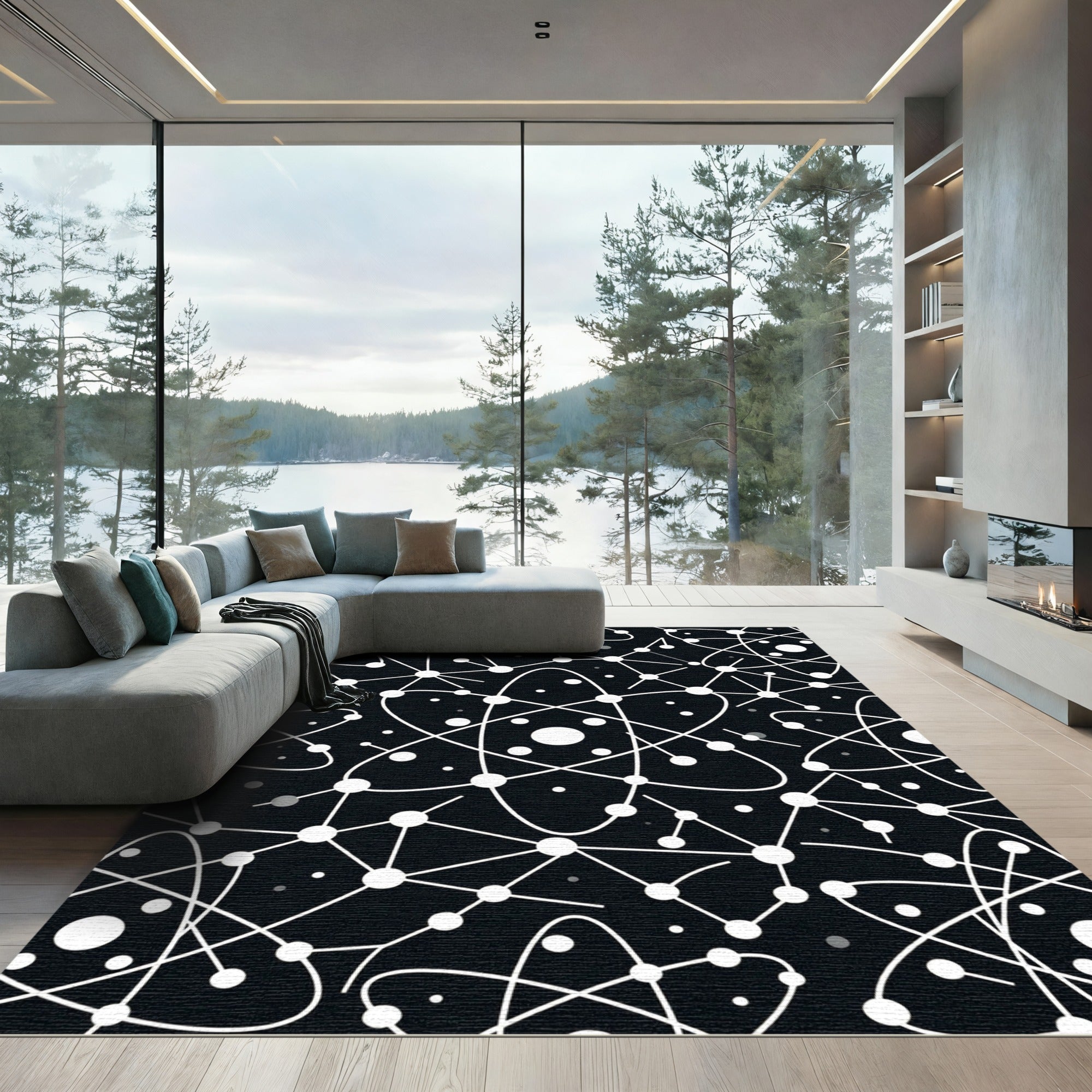 Black White Atomic Particles Network Rug