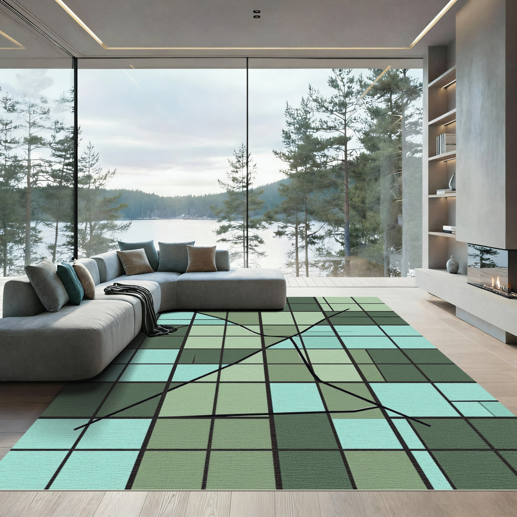 Geometric Teal Sea Lines Rug
